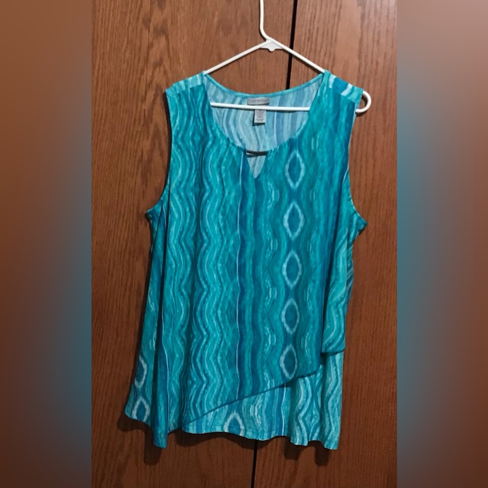 Catherines Size 2X 22/24W Sleeveless Teal Wave-Print Layered Top Shirt
